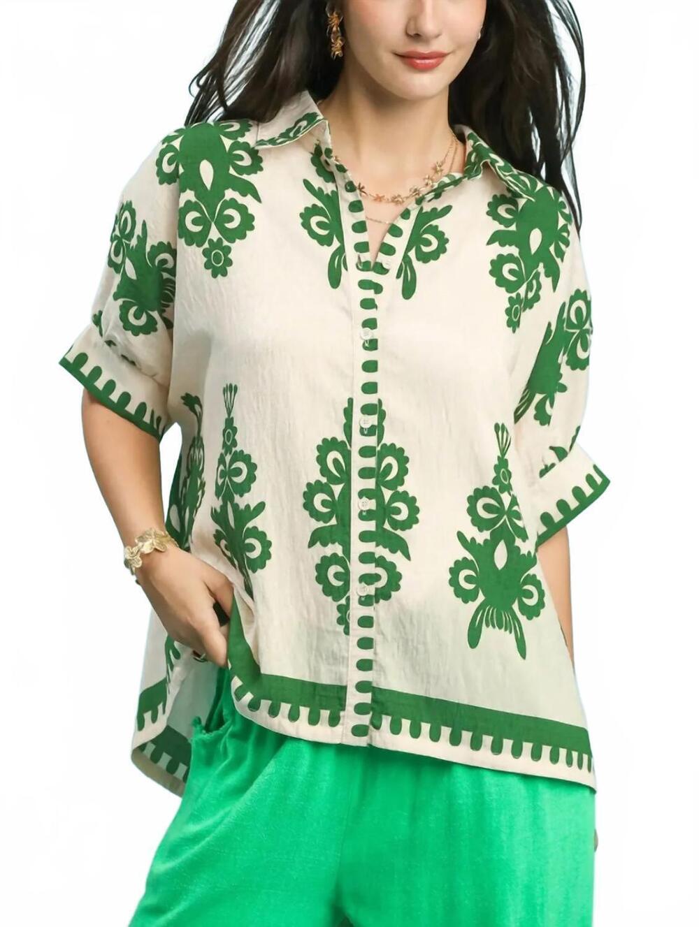 NEW UMGEE abstract button down top in cream/green
